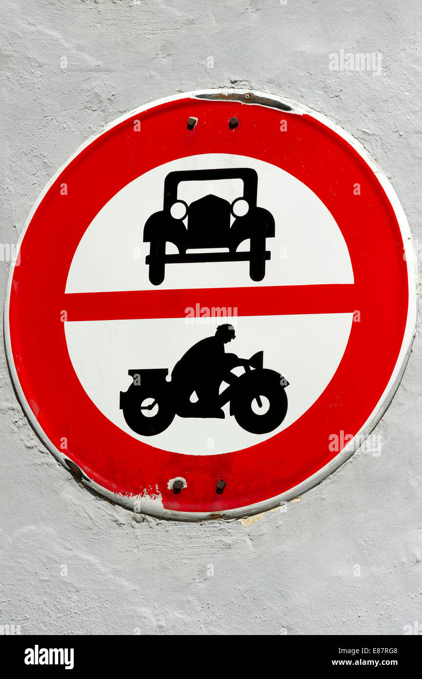 Historical traffic sign from 1934, traffic ban on cars and motorcycles, Mittenwald, Upper Bavaria, Bavaria, Germany Stock Photo