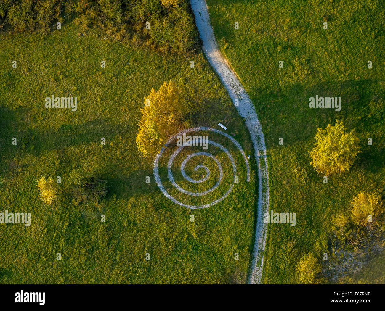 Aerial view, spiralling path, quarries with a health trail, Geseke
