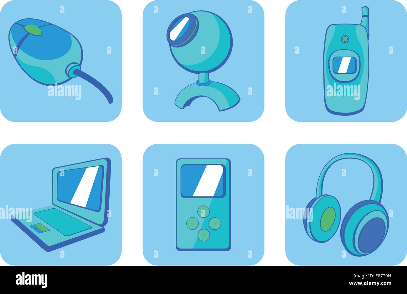 Vector illustration of blue glossy technological gadgets icons Stock ...