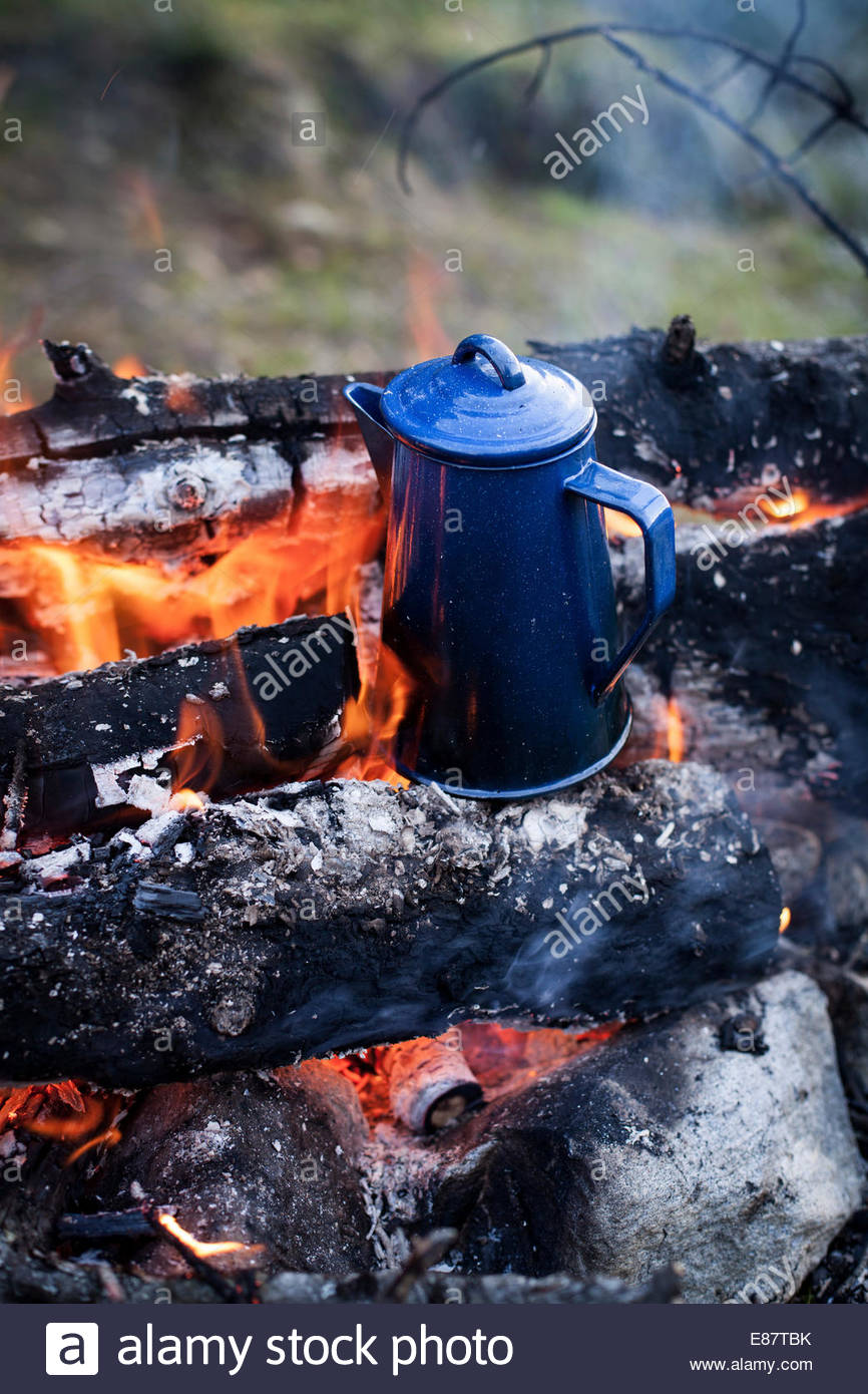 Campfire, Old Coffee Pot On The Fire High Resolution Stock Photography