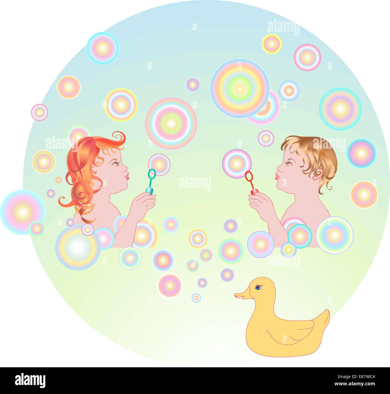 Vector illustration of Young girl and boy blowing bubbles Stock Vector