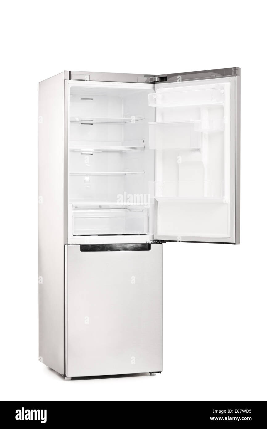 Studio shot of an empty refrigerator with opened door isolated on white background Stock Photo
