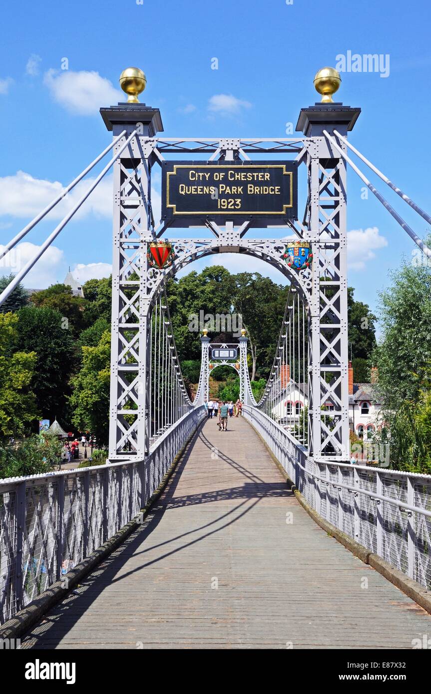 View across the River Dee Suspension Bridge aka Queens Park Suspension