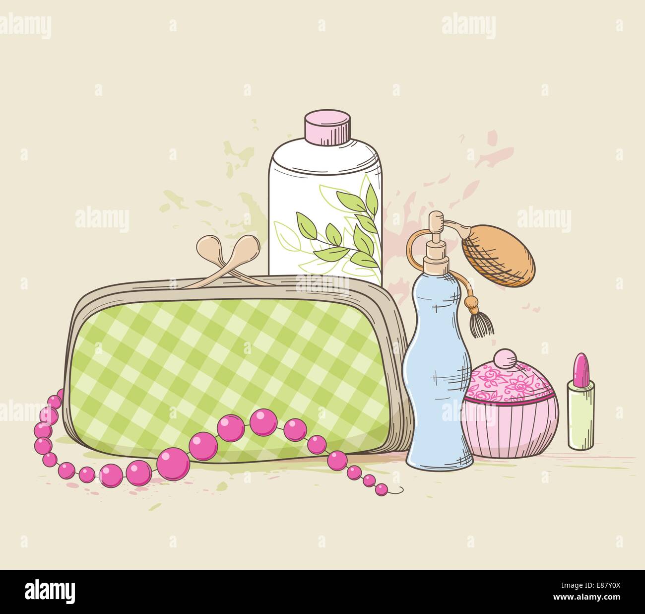 Vector background with green handbag and cosmetics Stock Vector Image