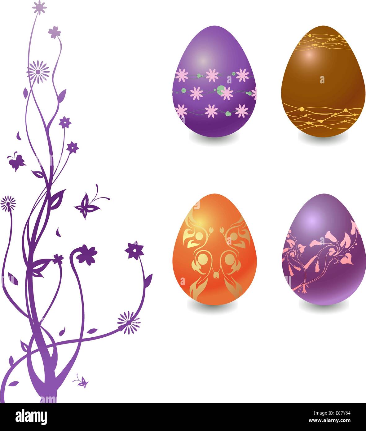 Vector Illustration of Easter Eggs with floral elements and the tree ...