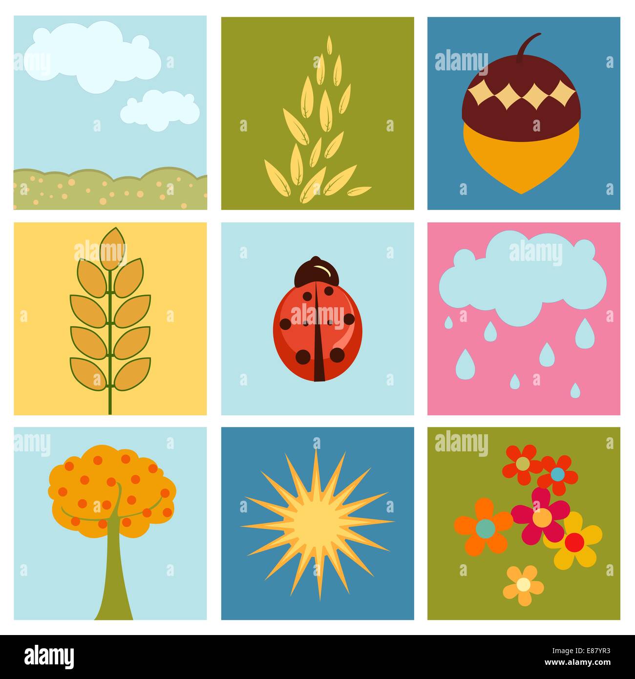 Vector Illustration of retro nature design Pretty summer pictures in Friendly kids style Stock Vector