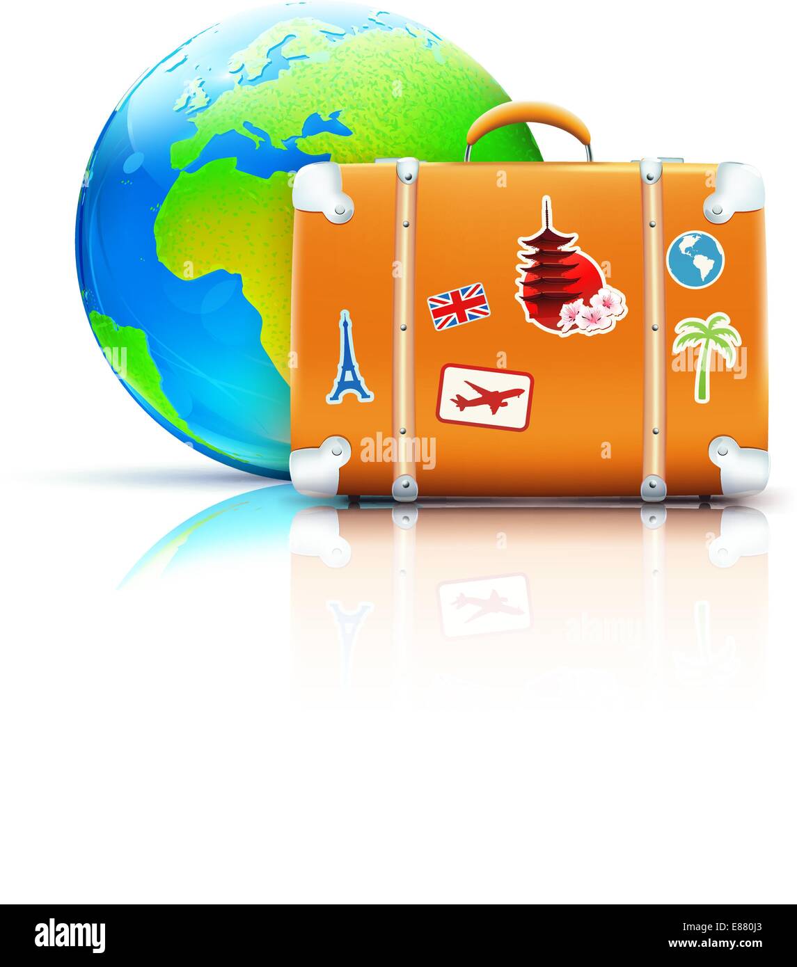 Vector illustration of global travel concept with funky retro suitcase ...