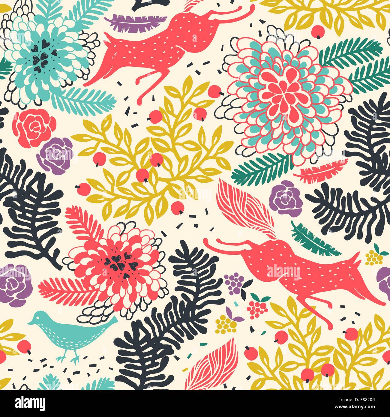 vector floral seamless pattern with hunting red foxes Stock Vector ...