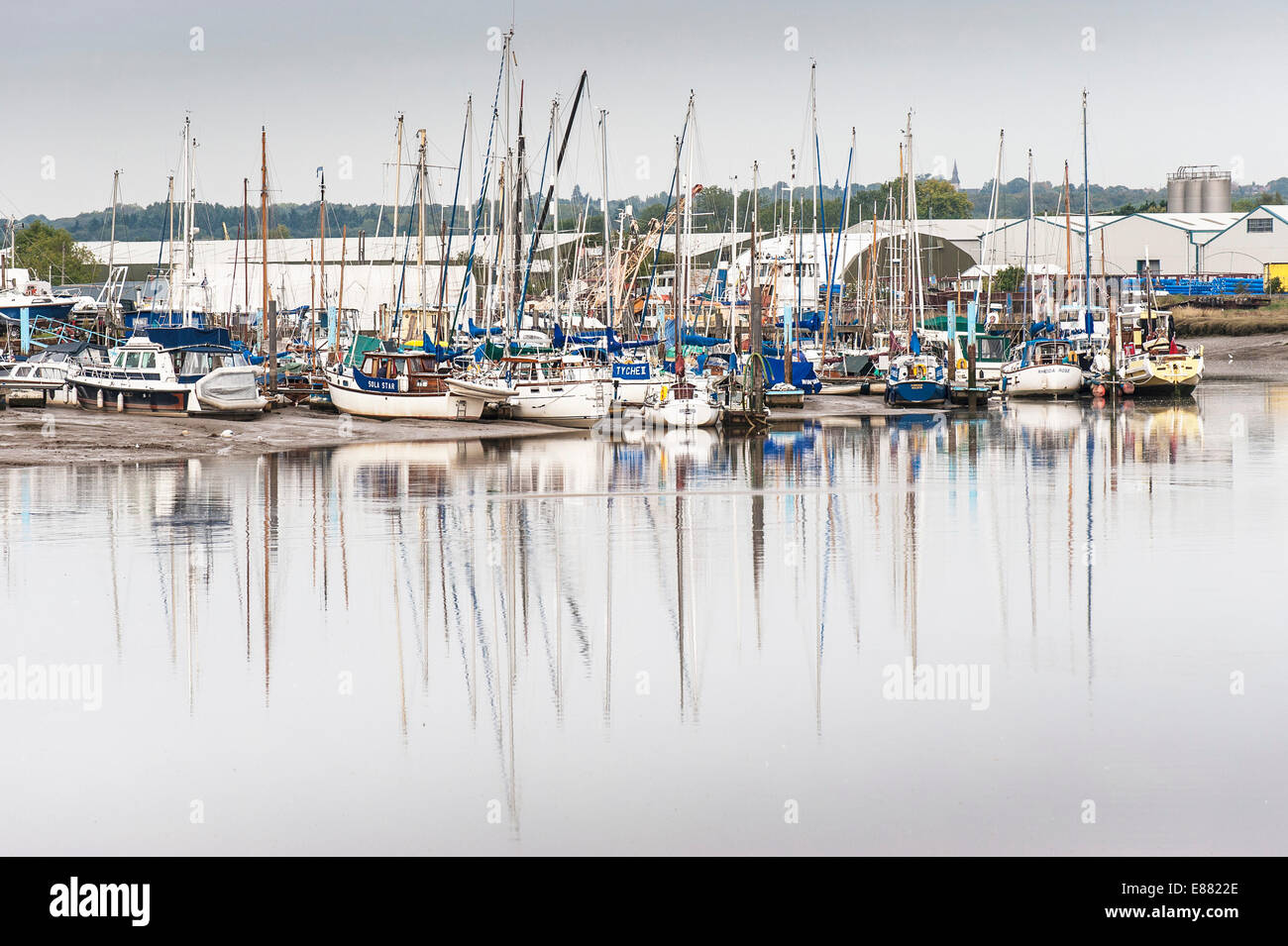 Boats moored on the Blackwater River at Maldon in Essex. Stock Photo