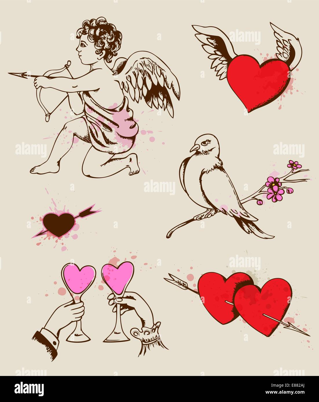 Vector vintage hand drawn Valentine's design elements Stock Vector ...