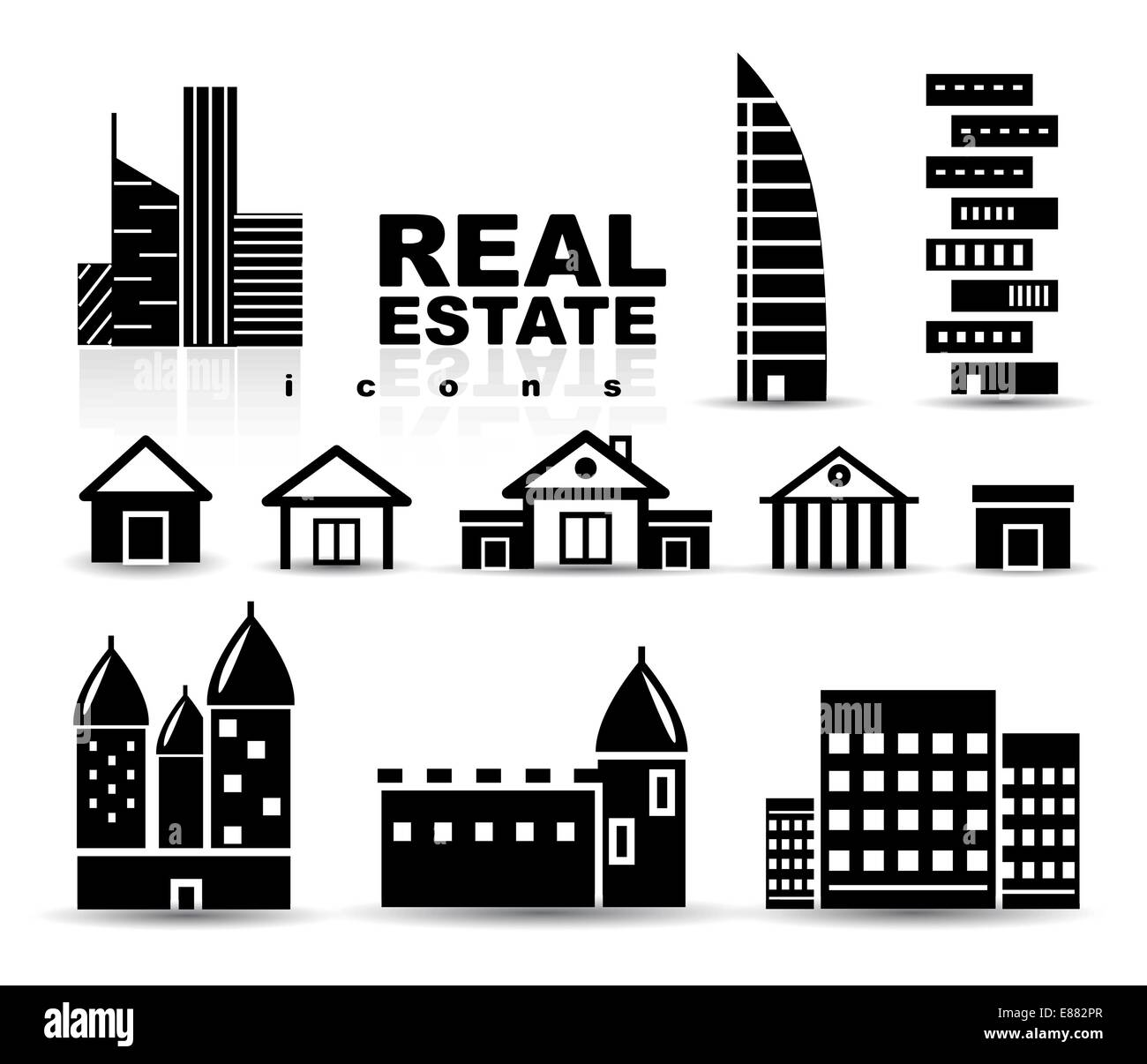 Black real estate | houses | buildings icon set. Isolated on white ...