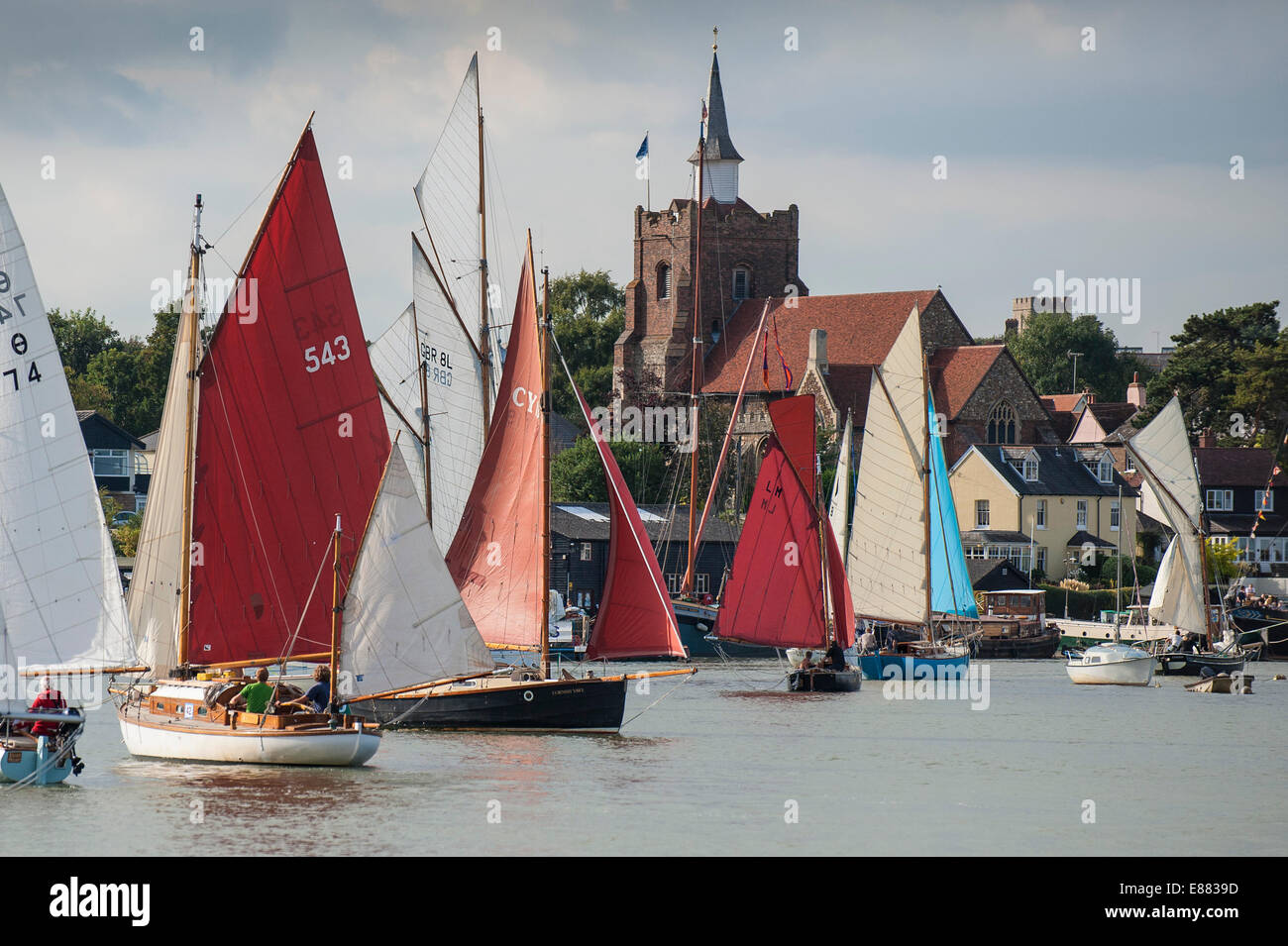 Various sailing craft participate in the spectacular Parade of Sail at the Maldon Regatta in Essex. Stock Photo