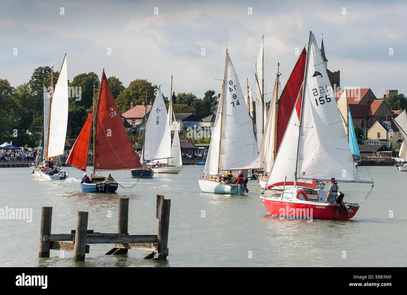 Various sailing craft participate in the spectacular Parade of Sail at the Maldon Regatta in Essex. Stock Photo