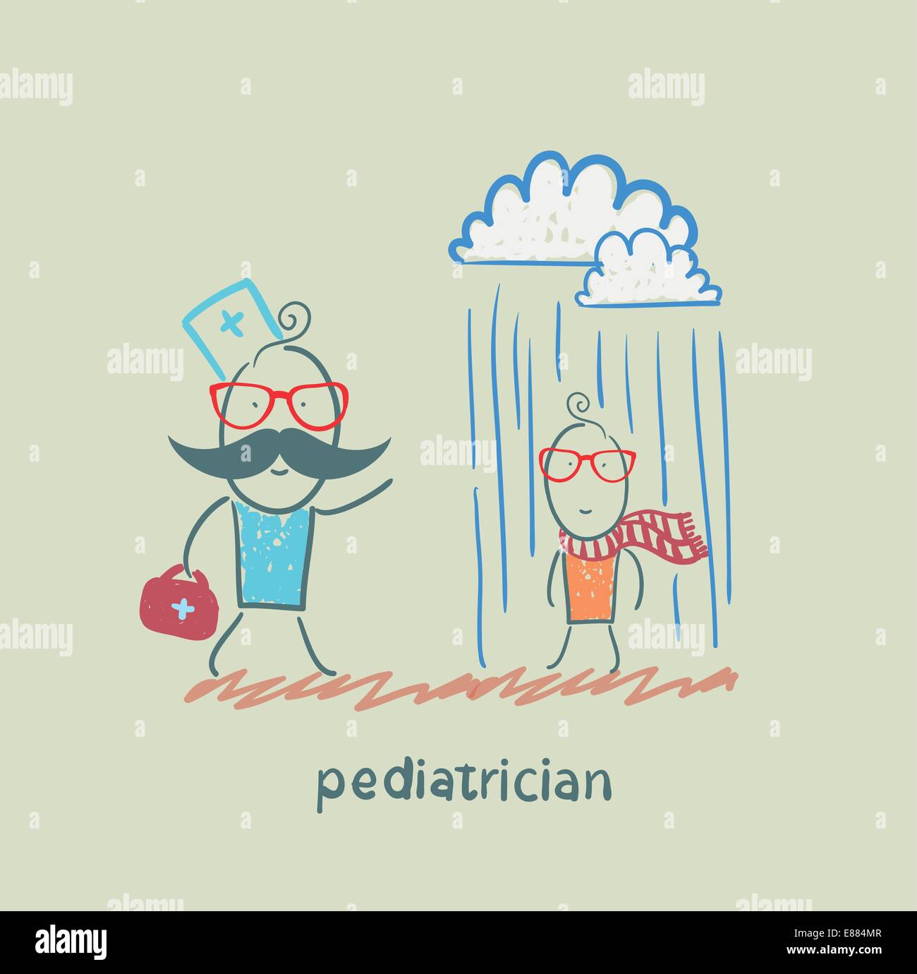pediatrician talking to a sick child in the rain Stock Vector Image