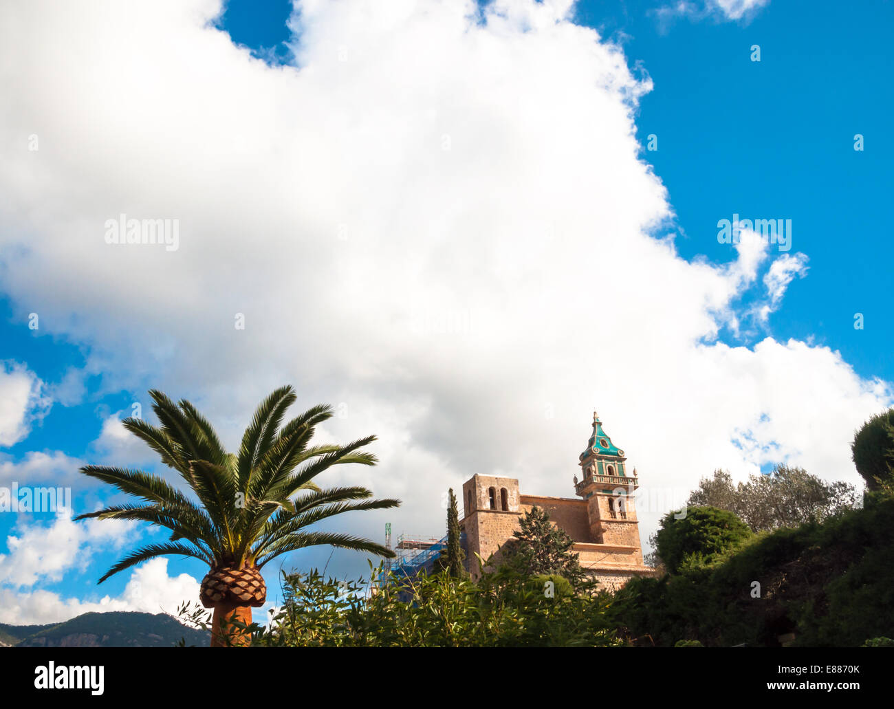 La Cartuja Monastery, where Chopin lived for a winter, and skies. Valldemossa, Mallorca, Balearic islands, Spain. Stock Photo