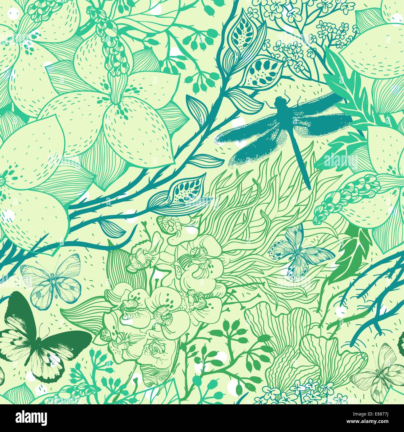 vector floral seamless pattern with flowers, butterflies and ...