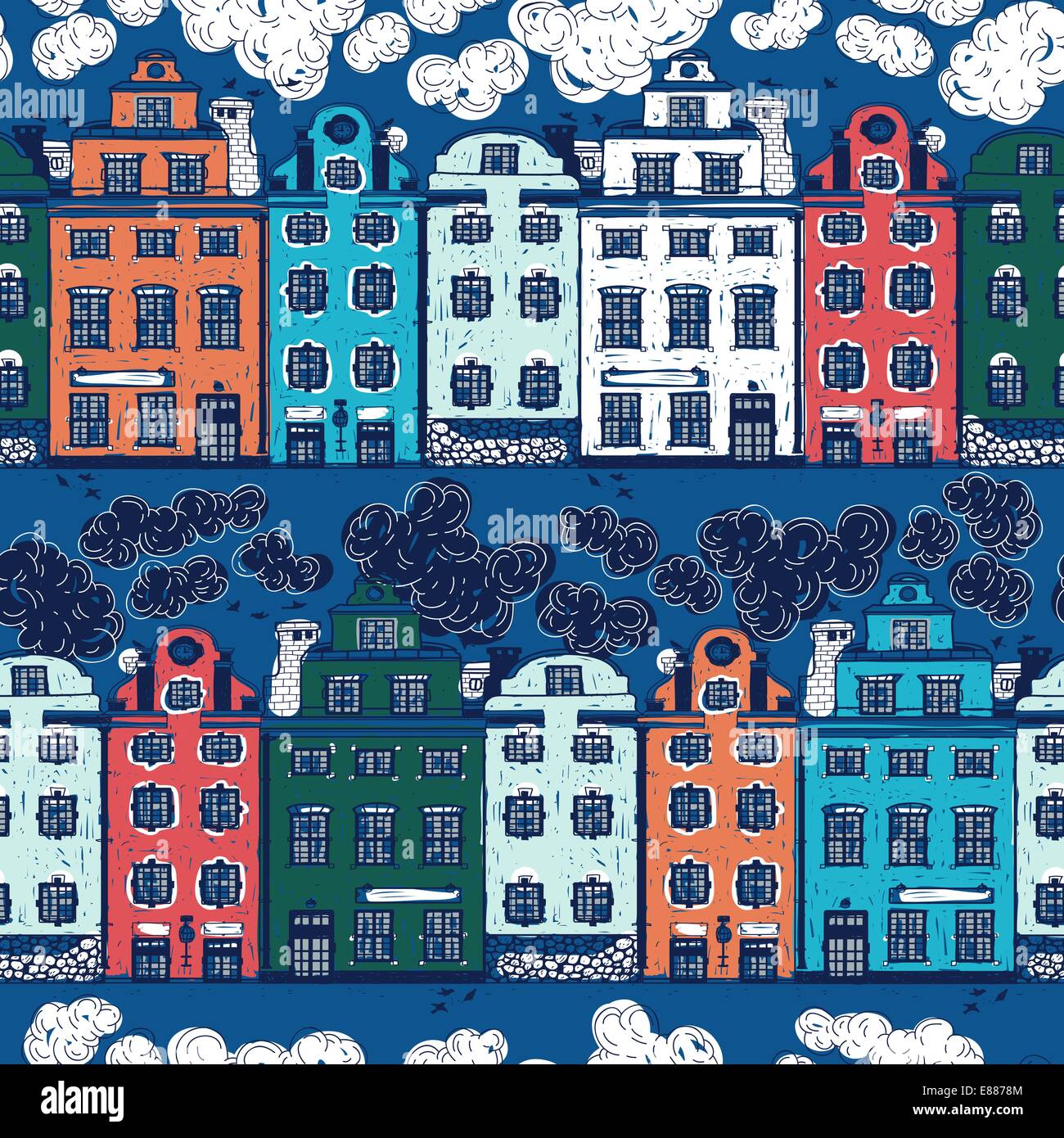 vector seamless pattern with clouds and colofrul houses Stock Vector ...
