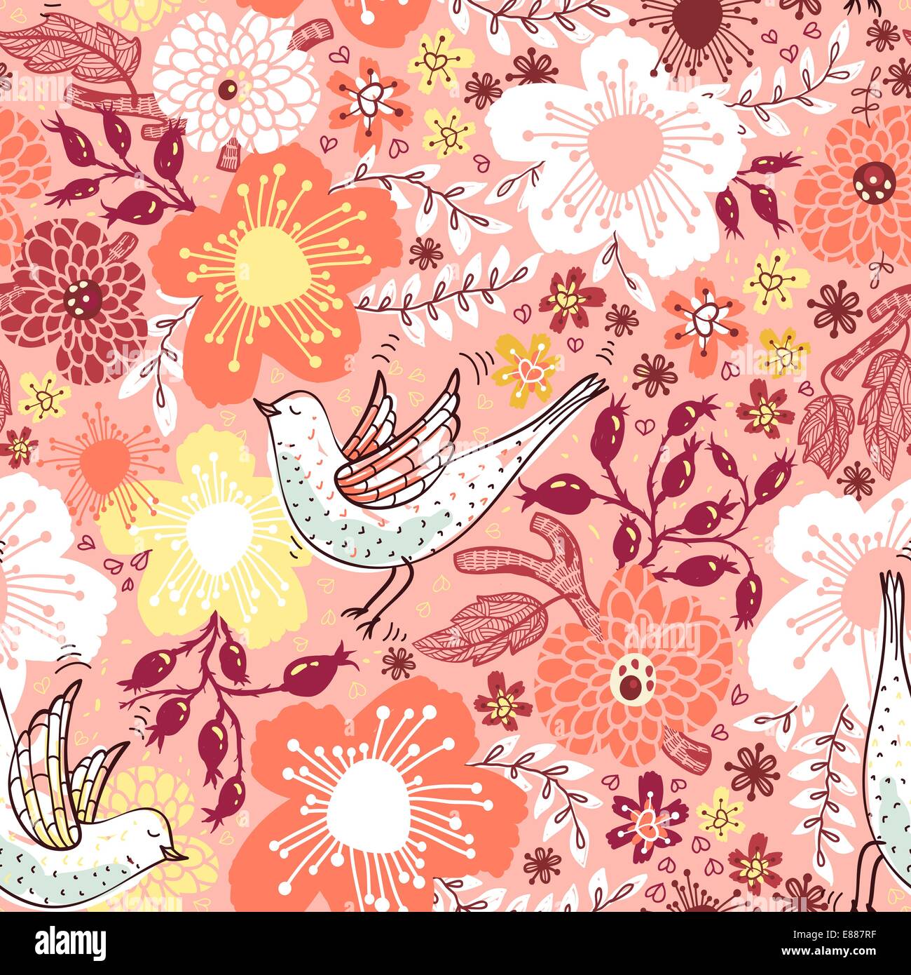 vector floral seamless pattern with blooming flowers and flying birds ...
