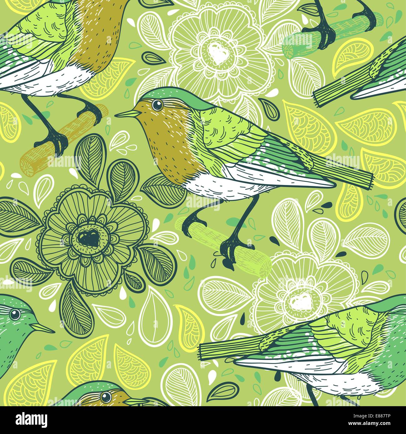 vector floral seamless pattern with little birds on a green background ...