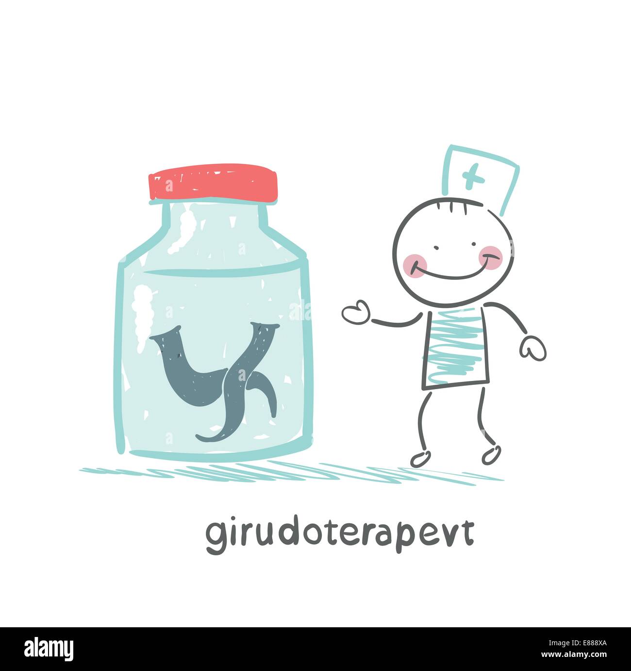 girudoterapevt stands next to a jar of leeches Stock Vector