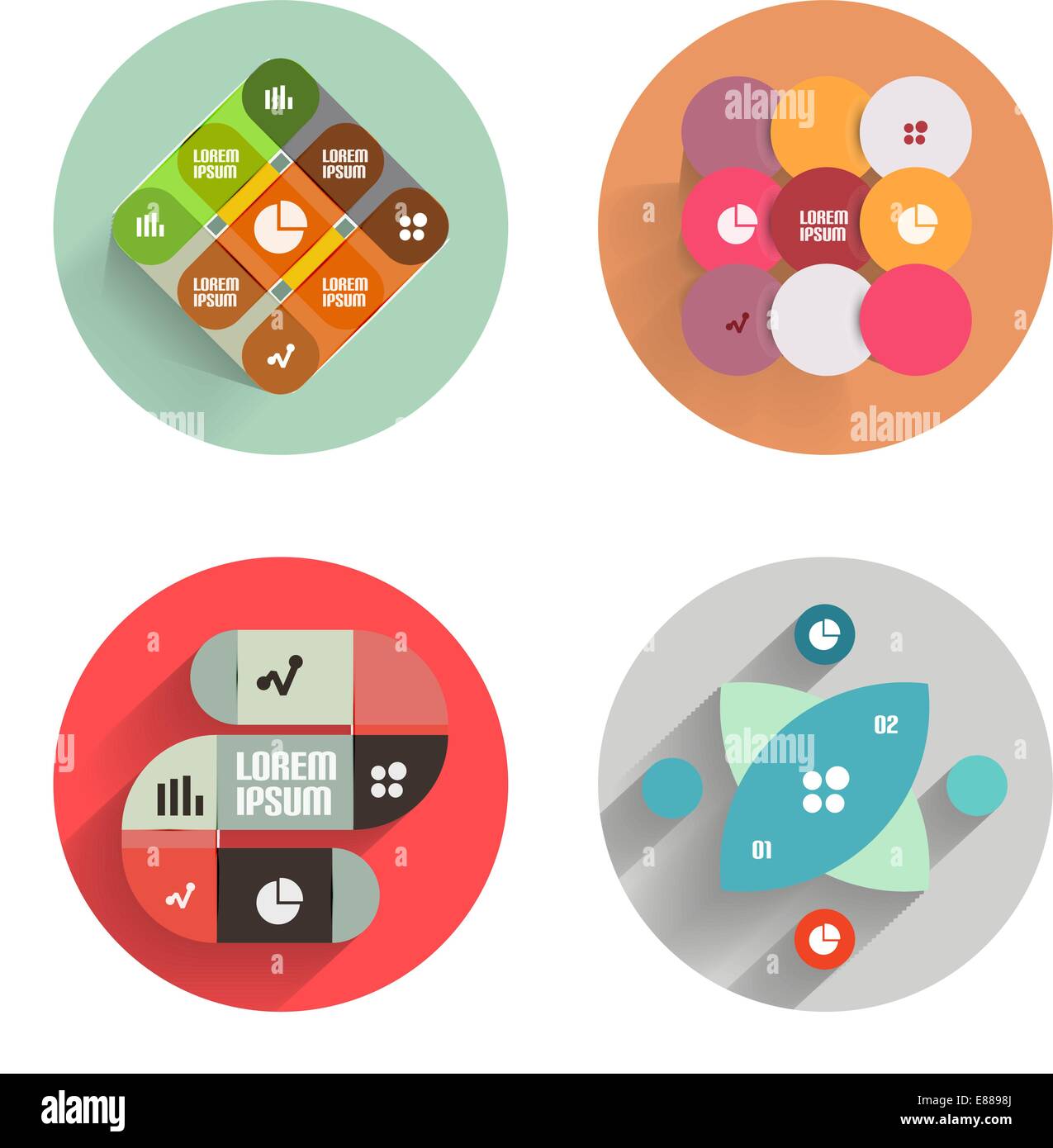 Infographic templates inside colorful circles. Set of flat icons with ...