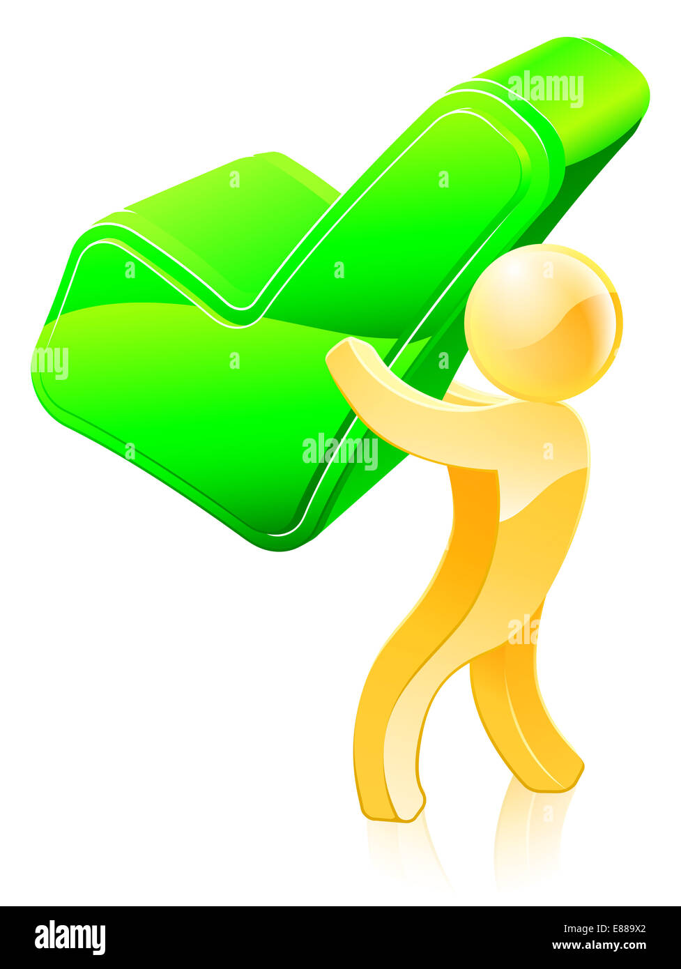 Green tick person illustration of a gold figure holding up a green tick. Possibly a concept for voting or agreeing or similar Stock Photo