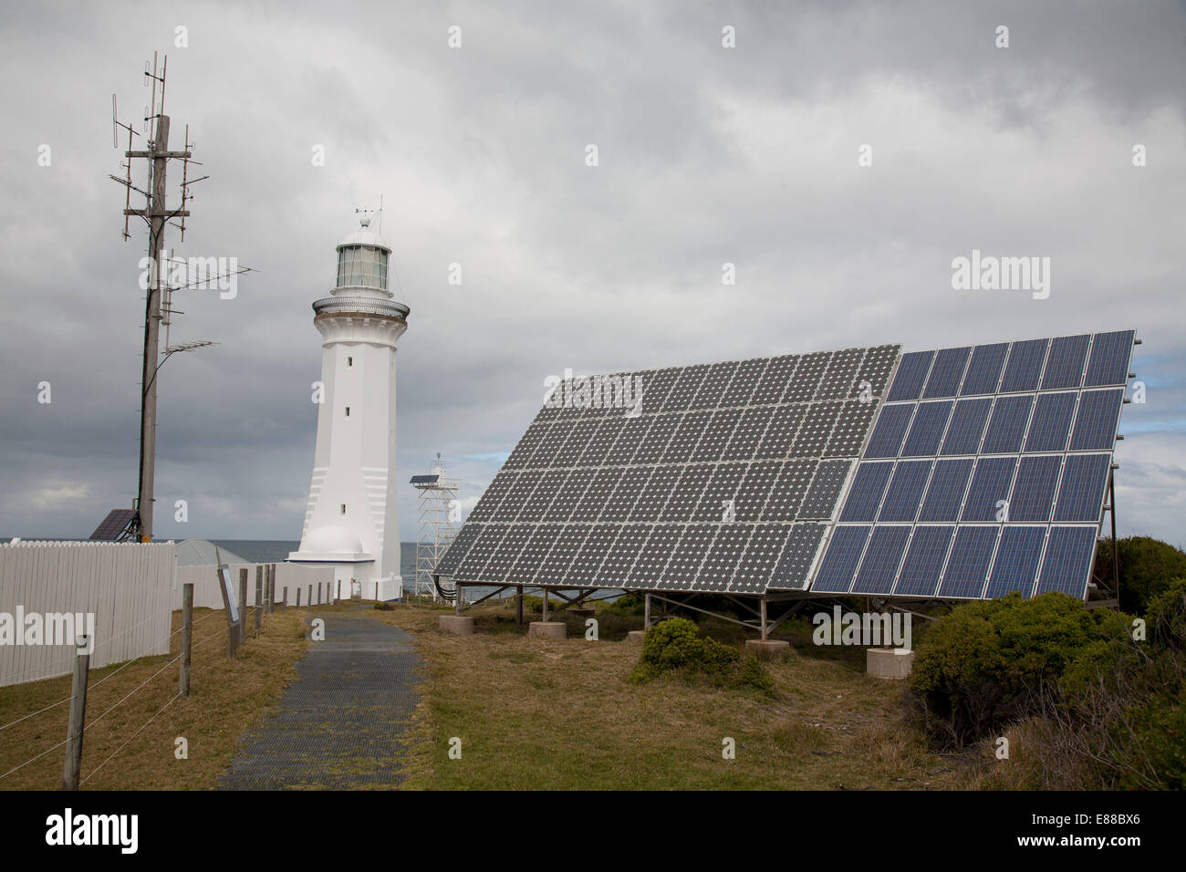 The solar power panels provide the power for the lighthouse cottages at Green Cape  Ben Boyd National Park South Coast Australia Stock Photo