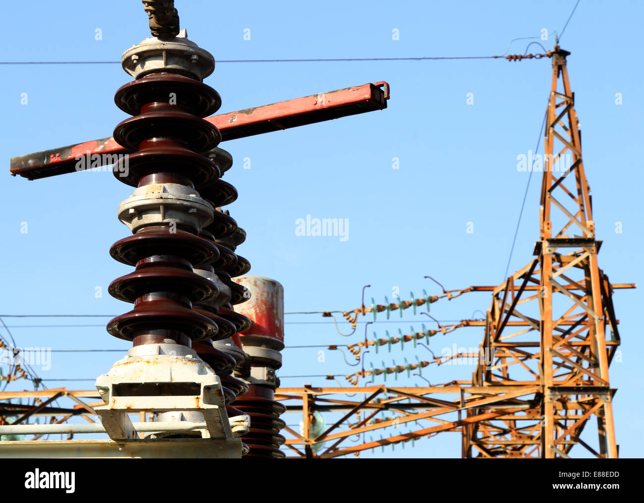 big  breakers  in a power plant with high voltage cables Stock Photo