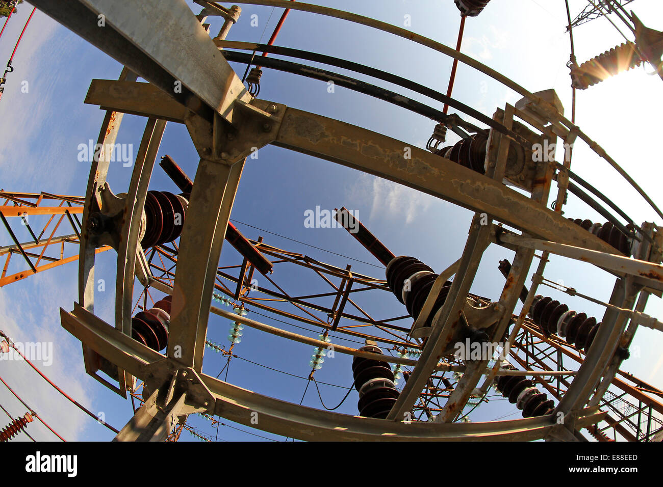 large switches into a powerhouse with high voltage cables by fisheye lens Stock Photo