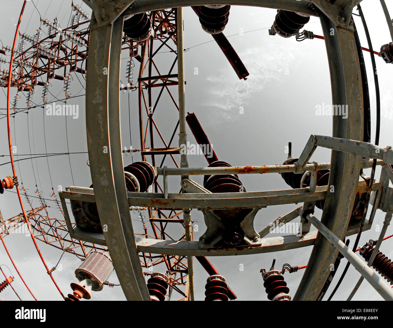 great switchgears and switches HV seen from below in power station Stock Photo