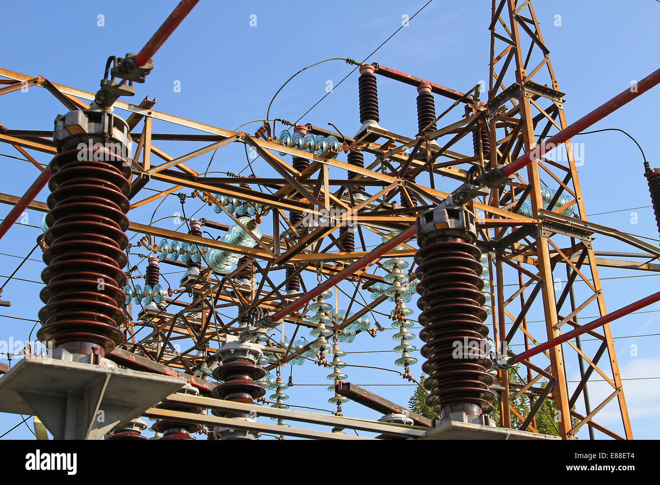 giant high-voltage switches in outdoor power station Stock Photo