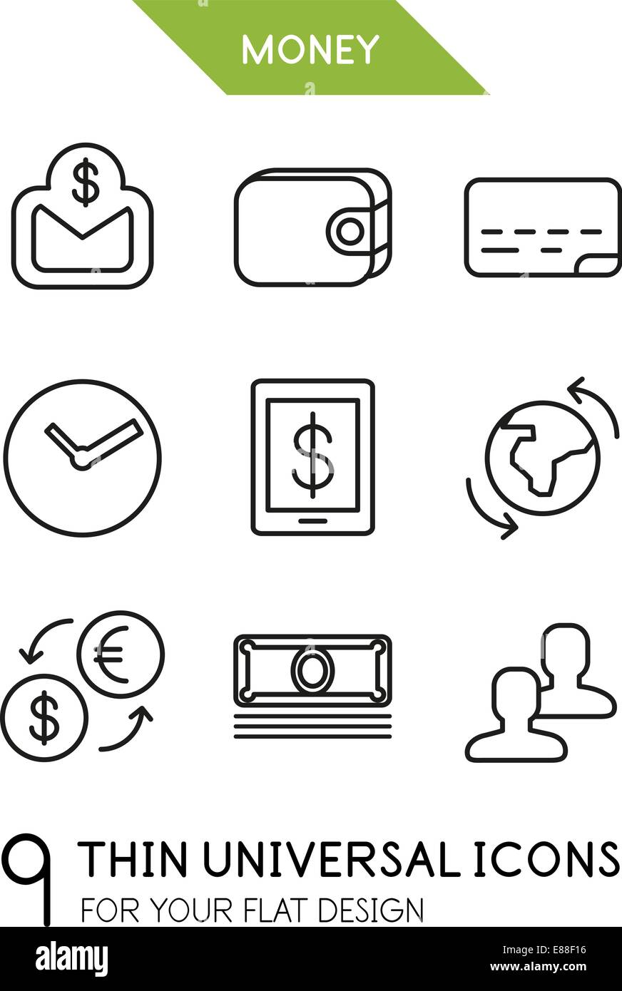 Collection of money | finance trendy thin line icons for your flat design isolated on white Stock Vector