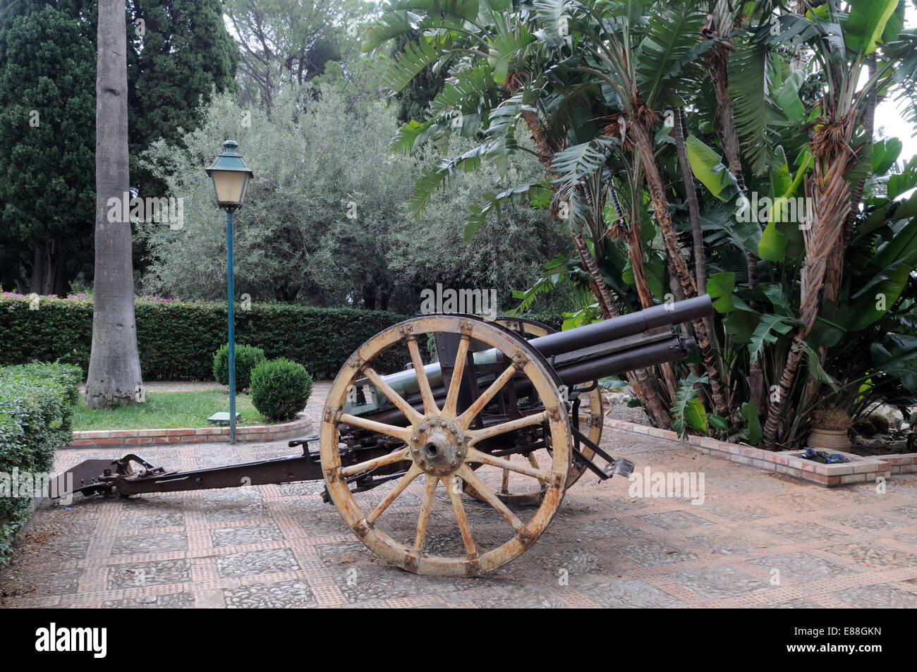 Old cannon at the Public Gardens Taormina Sicily Italy Stock Photo