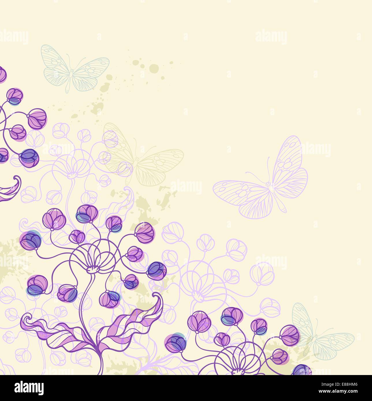 Hand drawn decorative vector background with violet flowers Stock ...