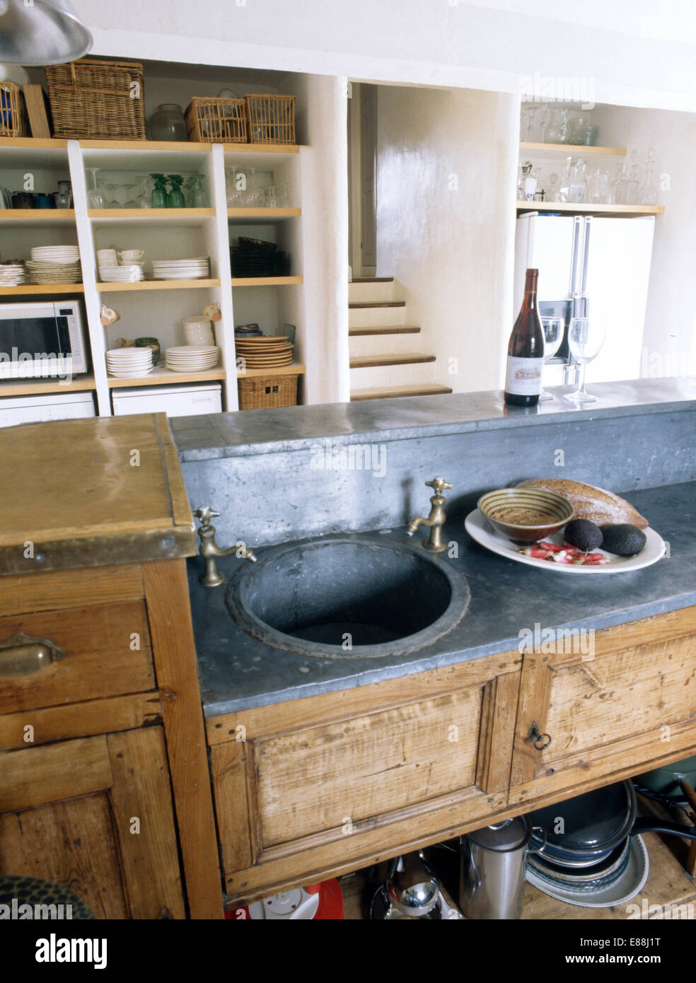 Circular Antique Zinc Sink Set Into Zinc Topped Old Wooden