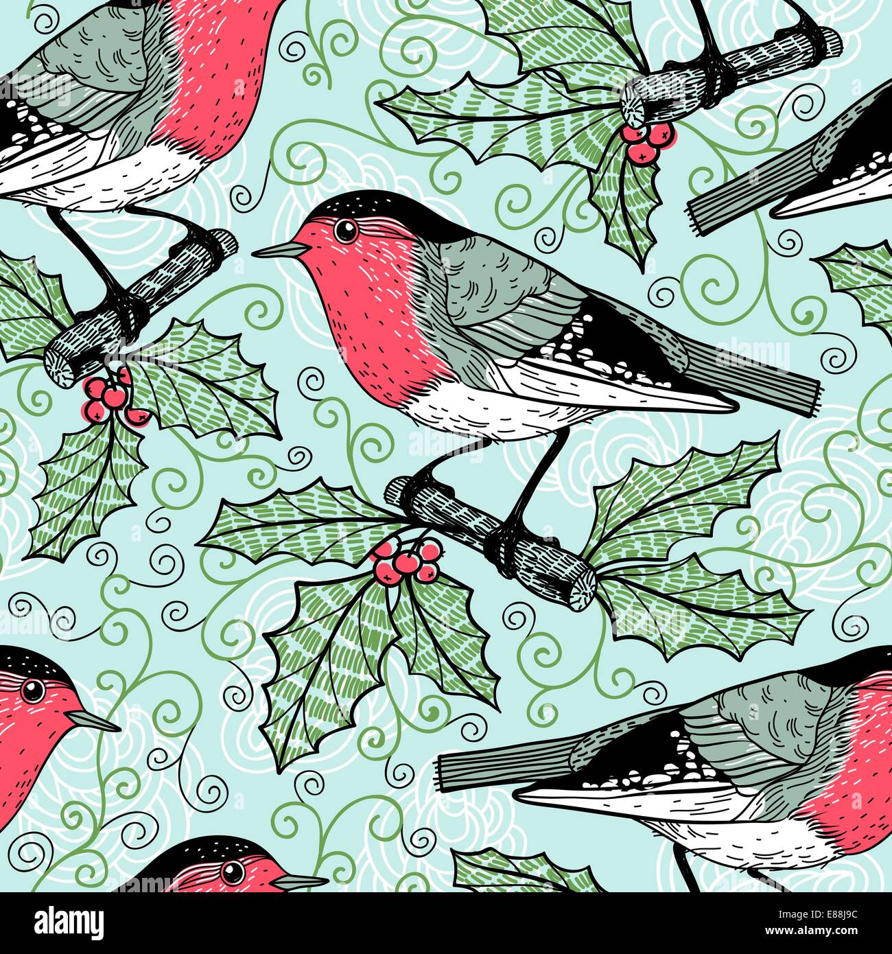 Christmas vector seamless pattern with birds and berries Stock Vector ...