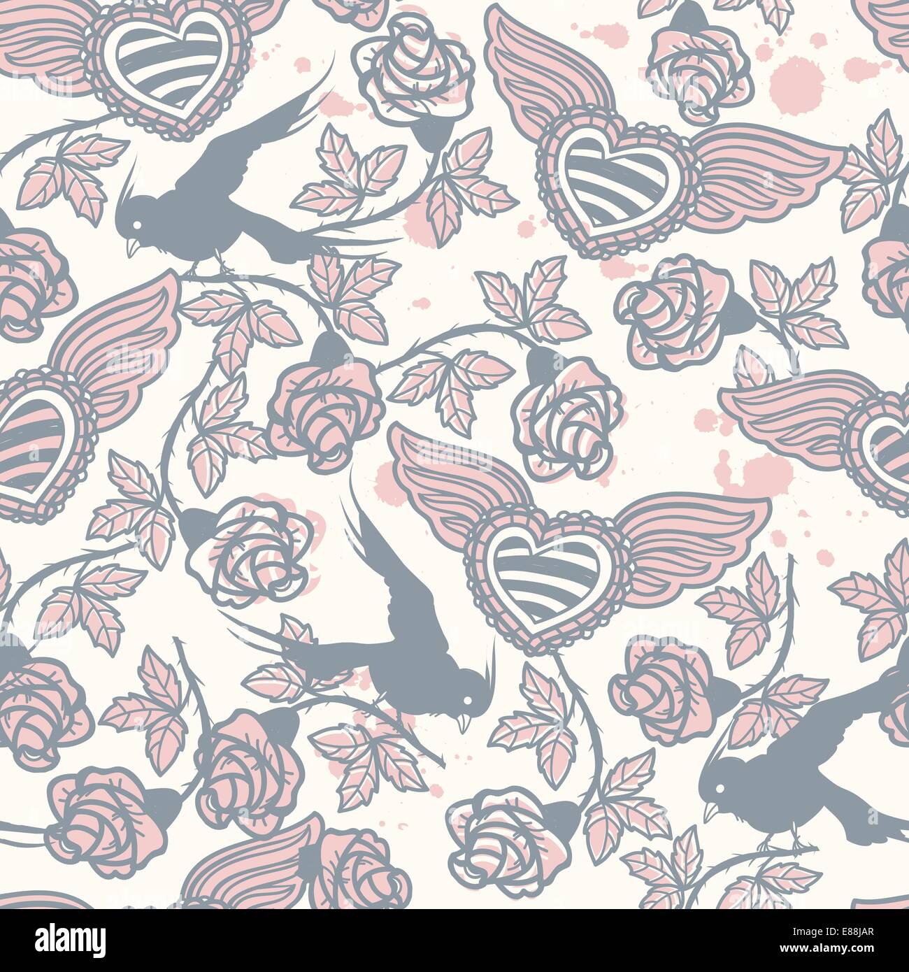 vector floral seamless pattern with flying birds and vintage roses ...