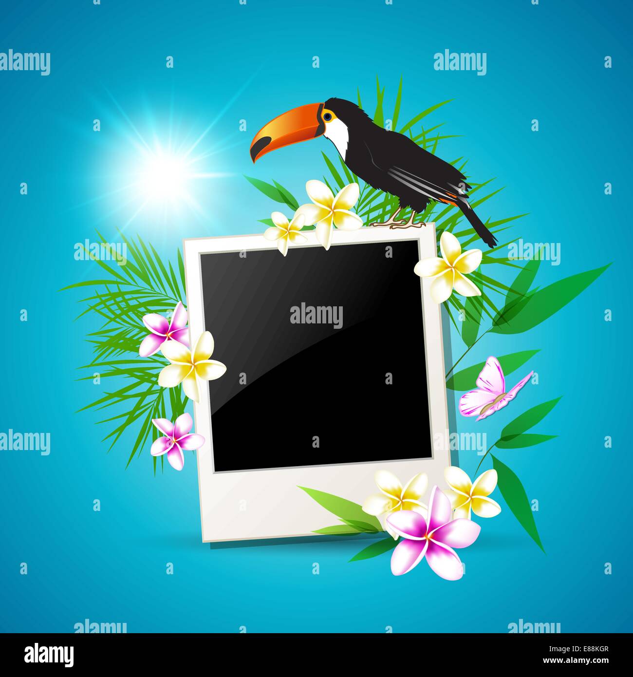 Summer vector tropical background with toucan and flowers Stock Vector ...