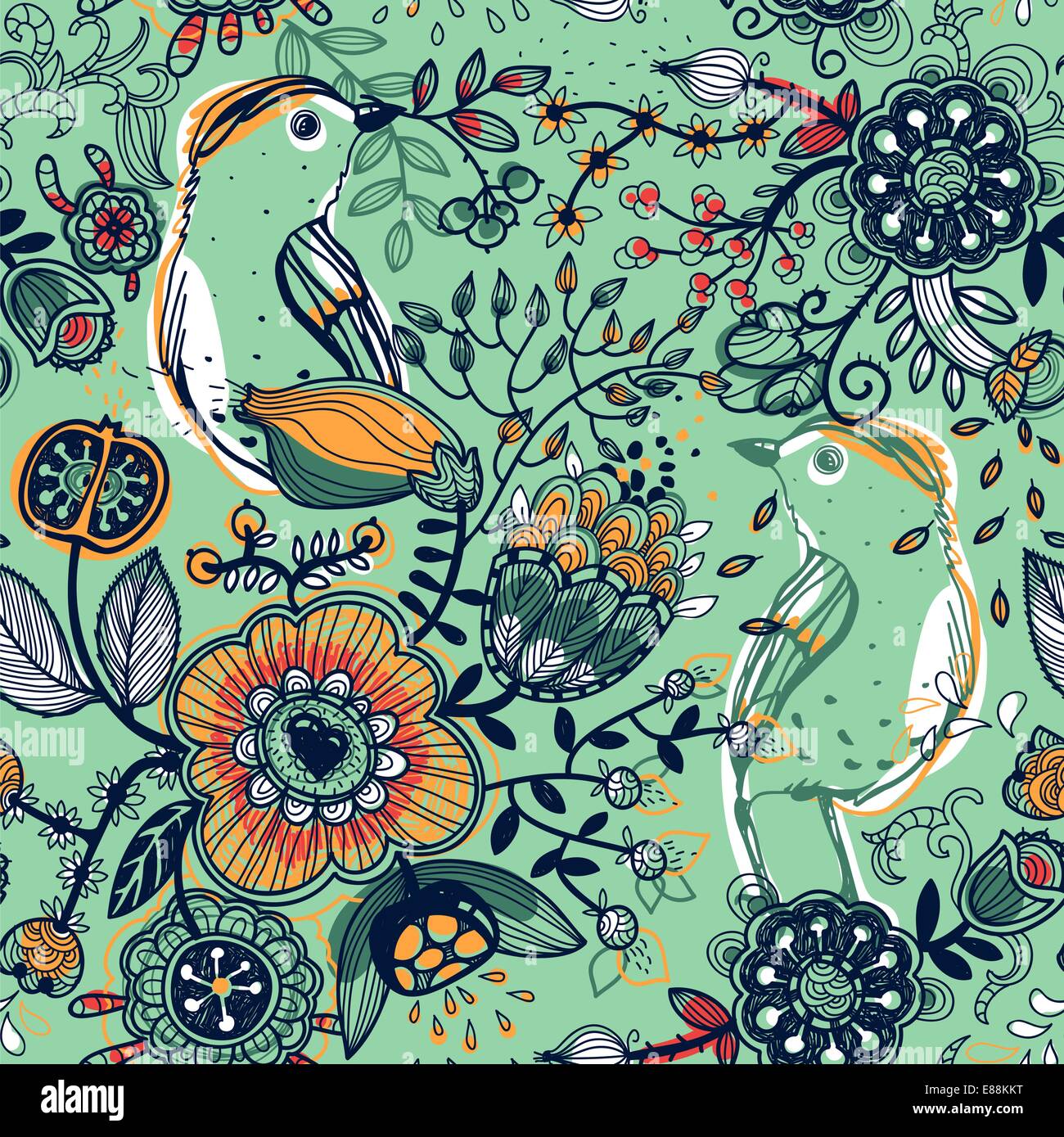 vector floral seamless pattern with blooming flowers and abstract birds ...