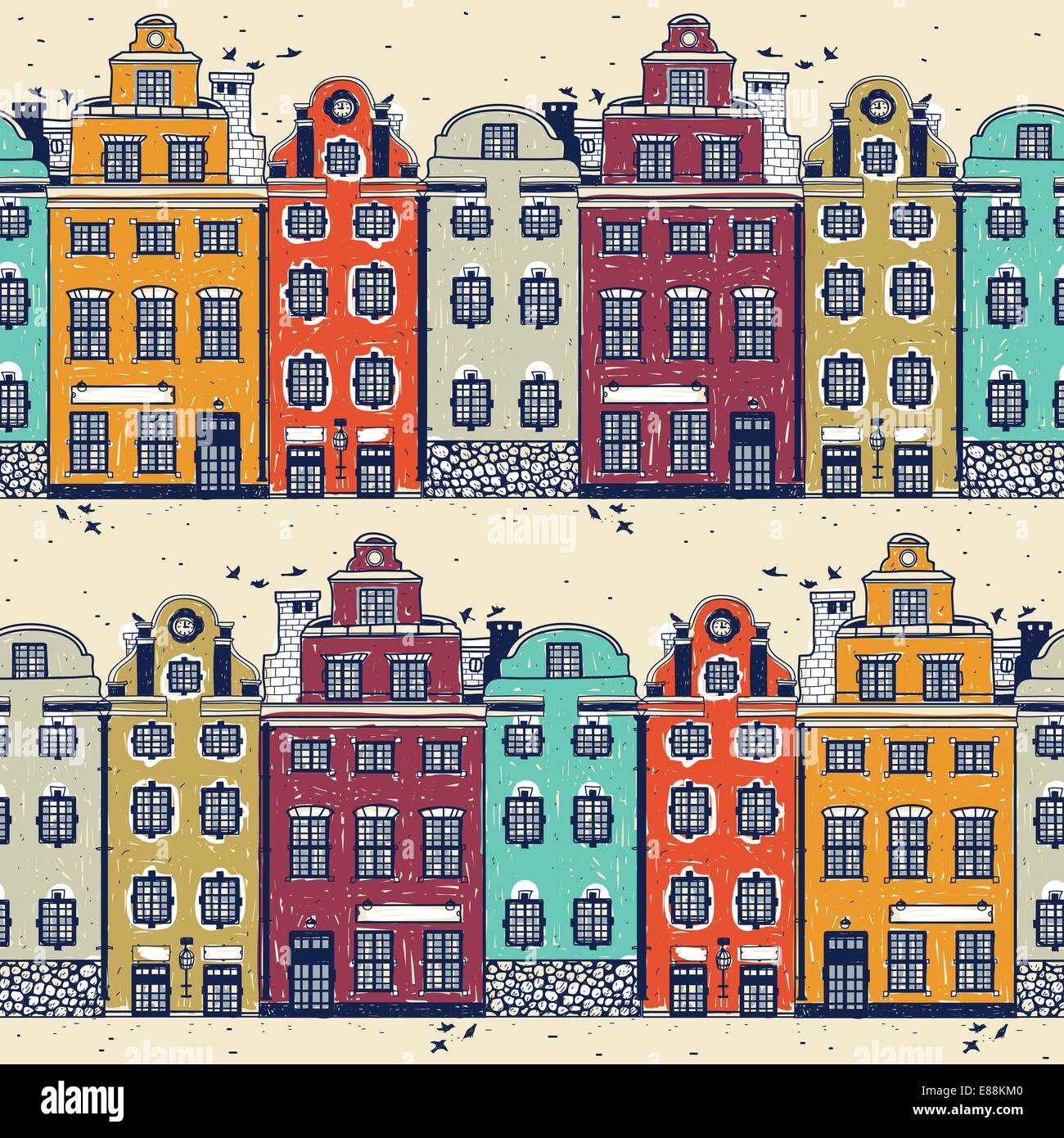 vector seamless pattern with vintage colorful houses Stock Vector Image ...