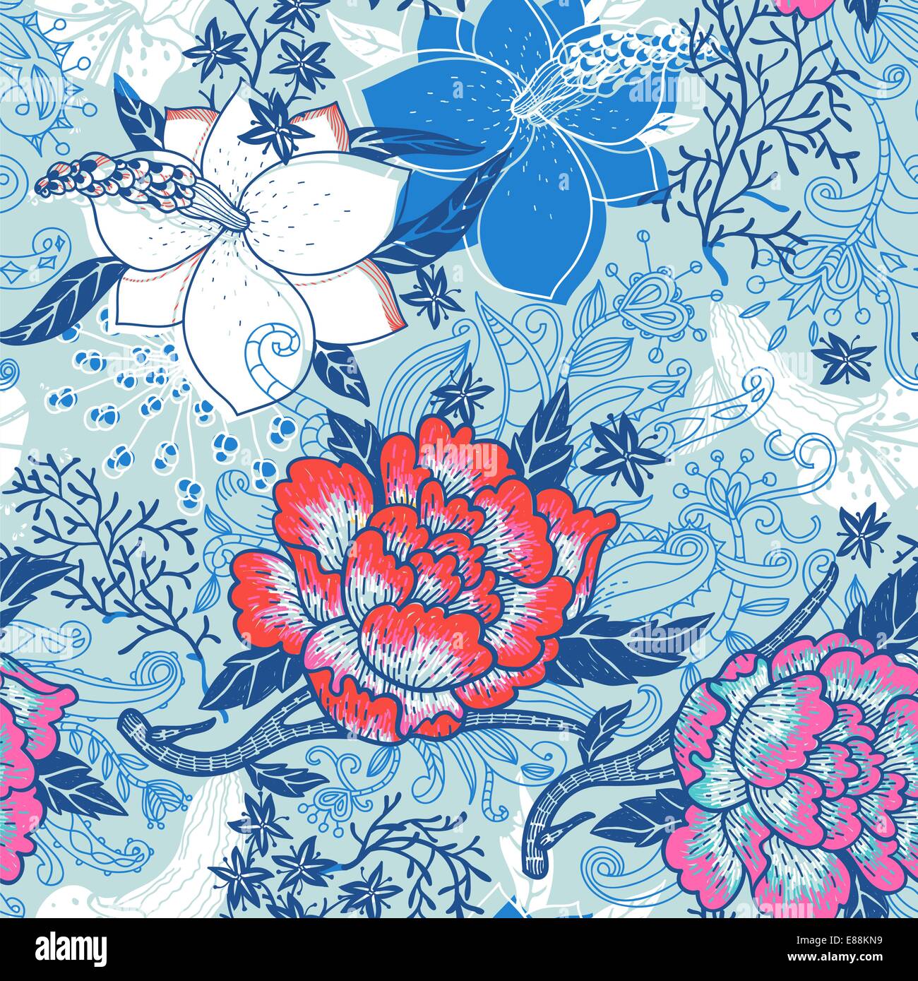 vector floral seamless pattern with blooming colorful flowers Stock ...