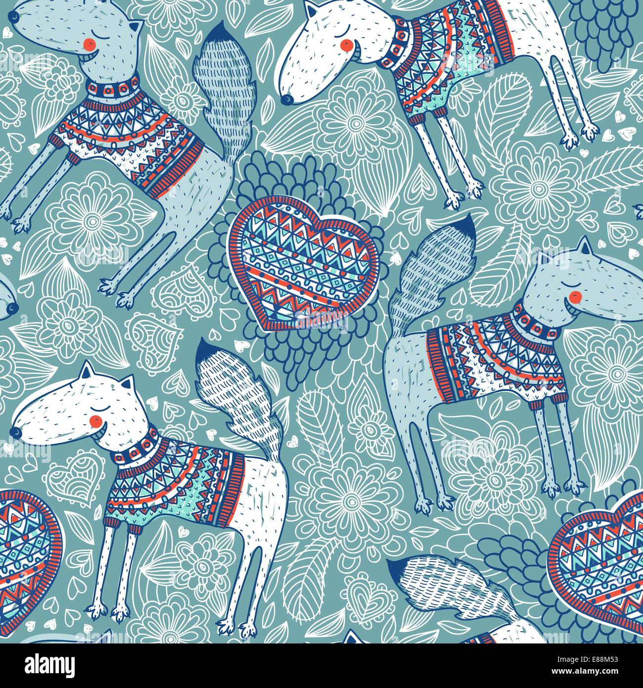 vector seamless pattern with smiling dogs and knitted hearts Stock ...