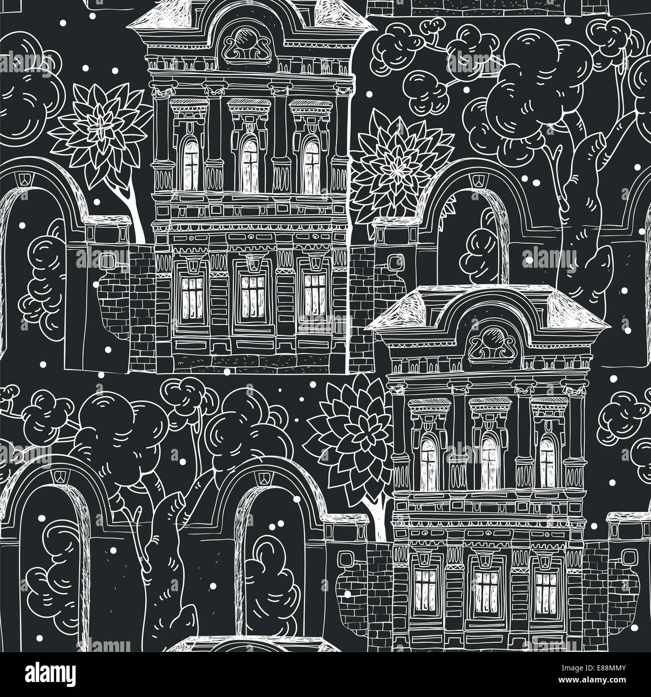 vector seamless pattern with hand drawn old houses and gardens Stock ...