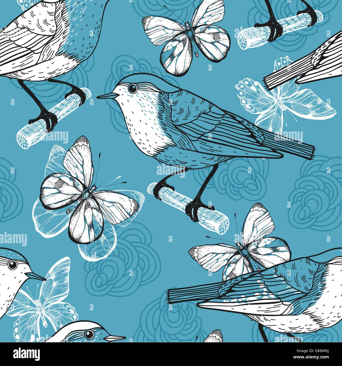 vector seamless pattern with birds and butterflies Stock Vector