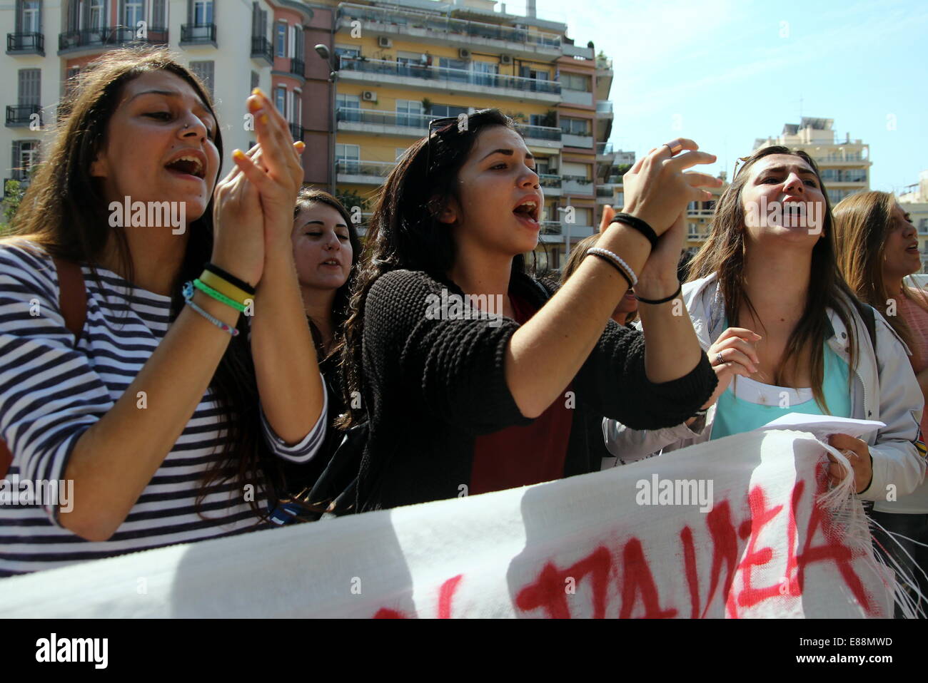 Thessaloniki, Greece, 2nd October,  2014. Around a hundred secondary school students hit the streets of Thessaloniki, Greece's second largest city, protesting a new law that came into effect last year, which the students say, caused a sharp increase in the fail rate. Credit:  Orhan Tsolak / Alamy Live News Stock Photo