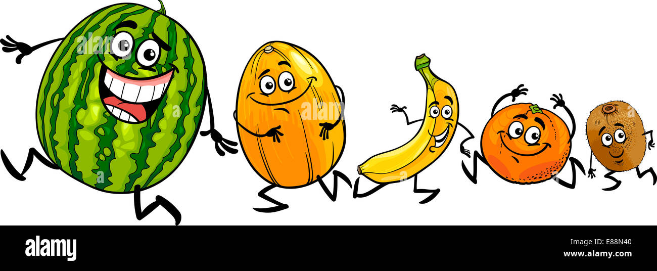 Cartoon Illustration of Funny Running Fruits Food Characters Stock Photo -  Alamy
