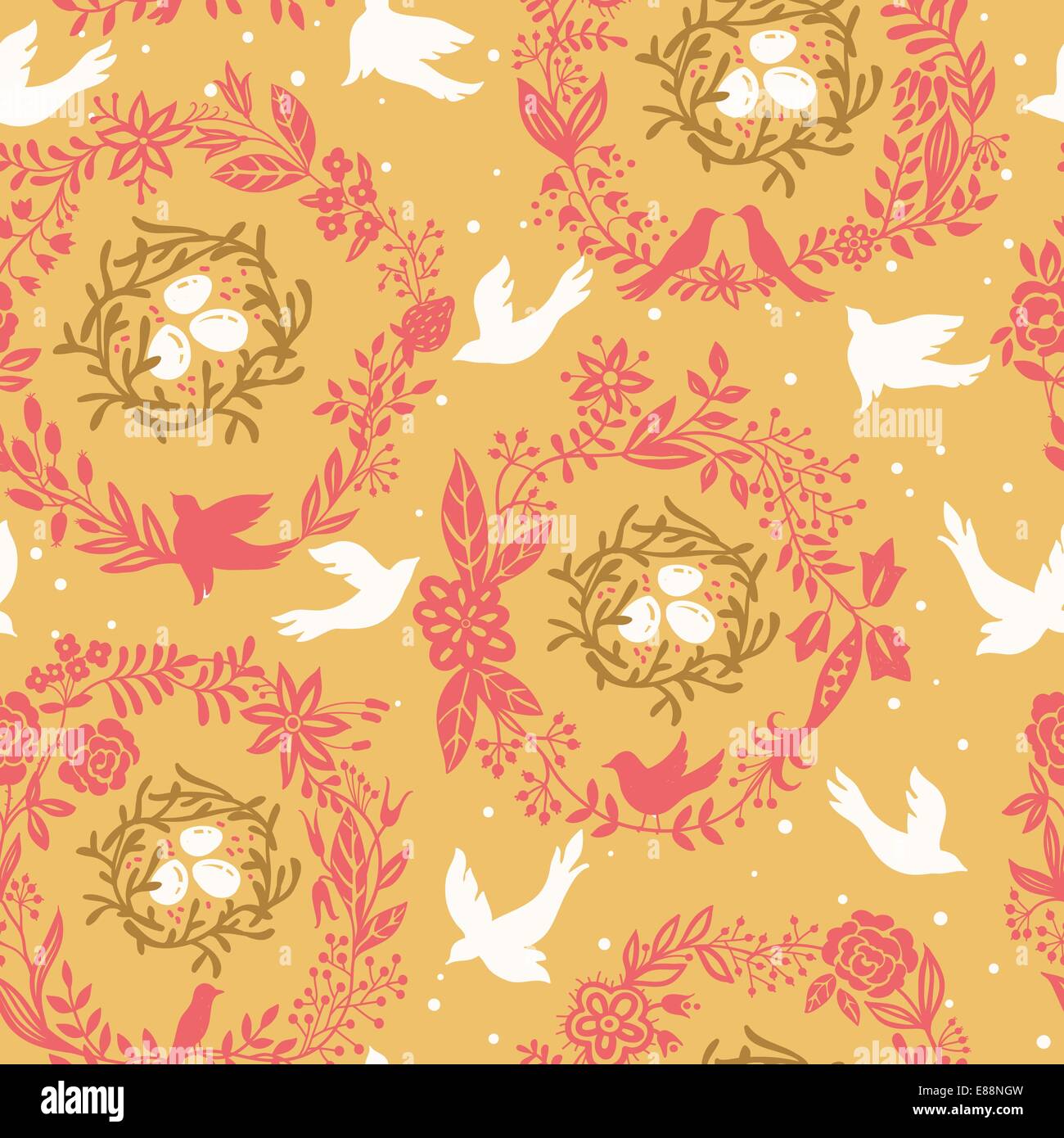 vector floral seamless pattern with floral wreathes, birds and nests ...