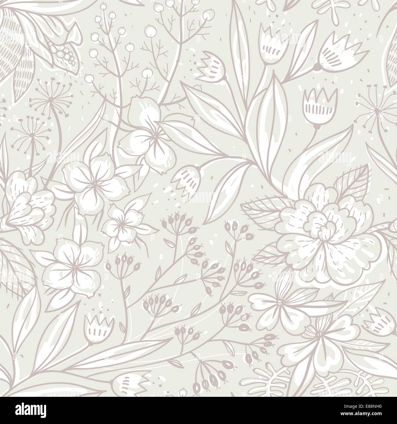vector floral seamless pattern with hand drawn plants and flowers Stock ...