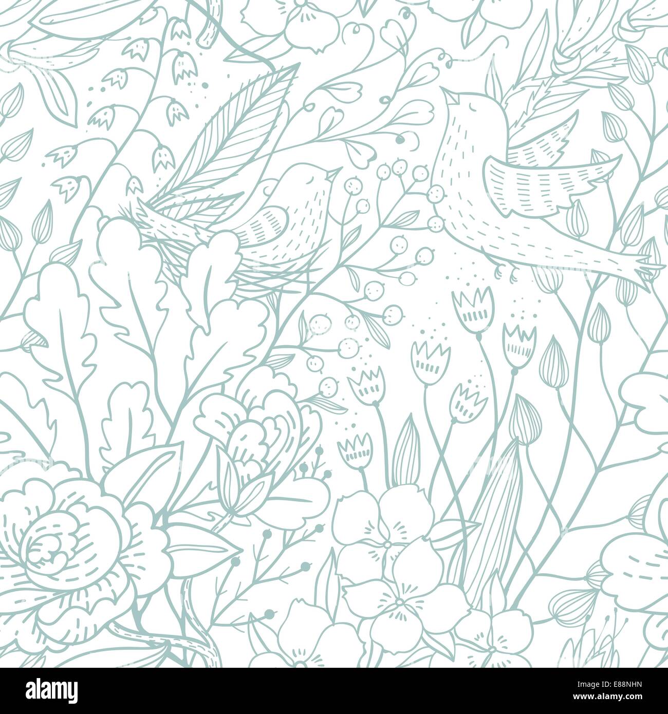 vector seamless floral pattern with spring flowers and birds Stock ...
