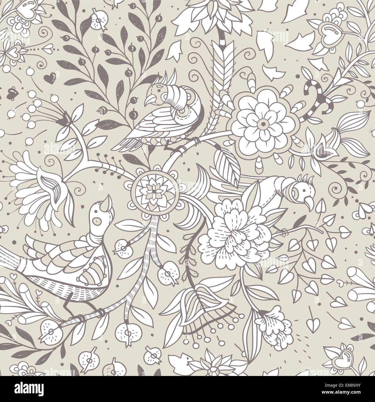 vector floral seamless pattern with fantasy birds and plants Stock ...